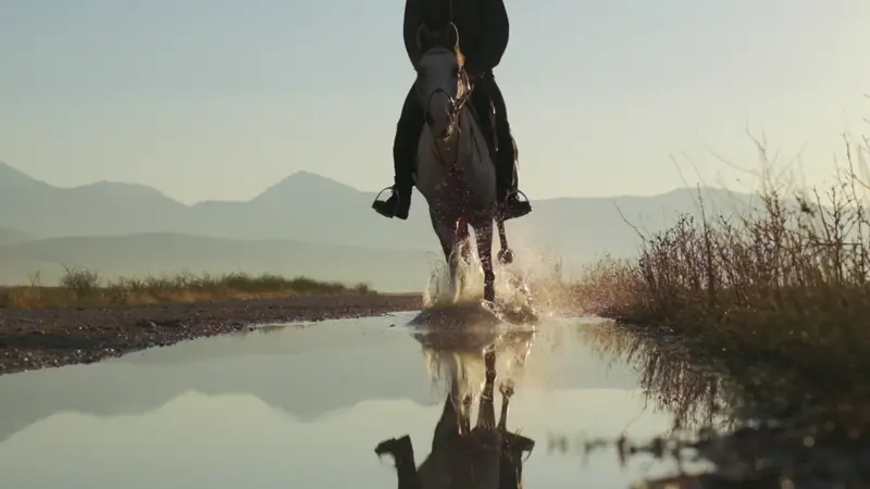 Person riding a horse splashing through a puddle on a dirt path with mountains in the background.