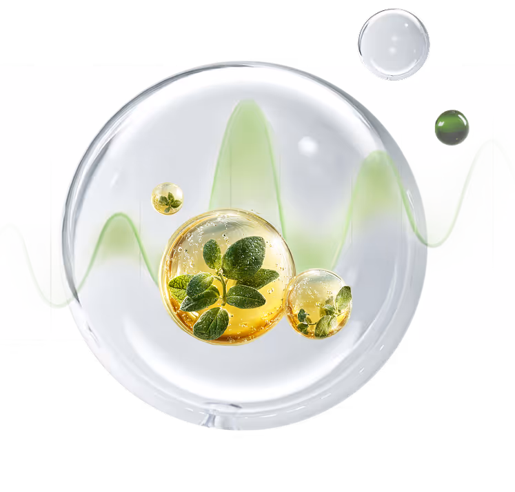 Several transparent bubbles with green leaves inside, featuring a green wave-like line in the background.