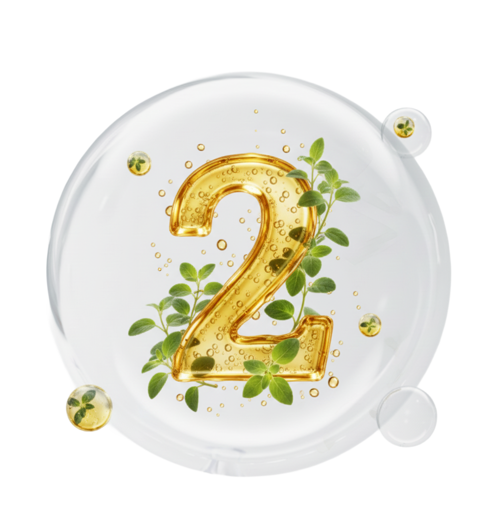 Golden number 2 inside a clear bubble with green leaves and smaller bubbles surrounding it.