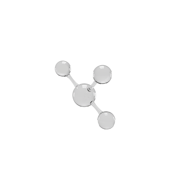 Transparent 3D model of a molecule with one central sphere connected to three smaller spheres by rods.