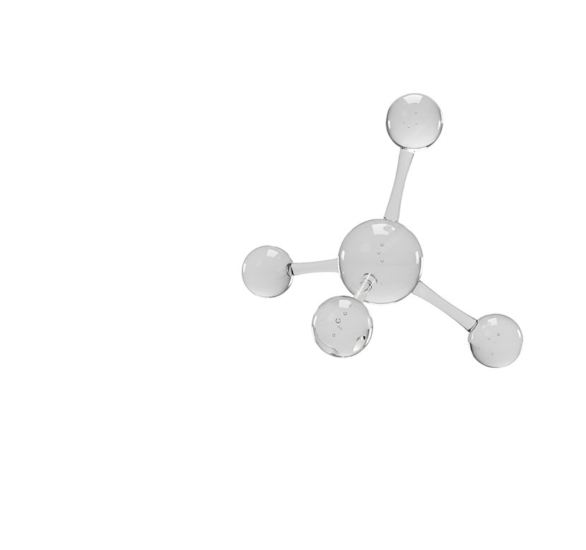 3D transparent molecular structure with one central sphere connected to four surrounding spheres by cylindrical bonds.