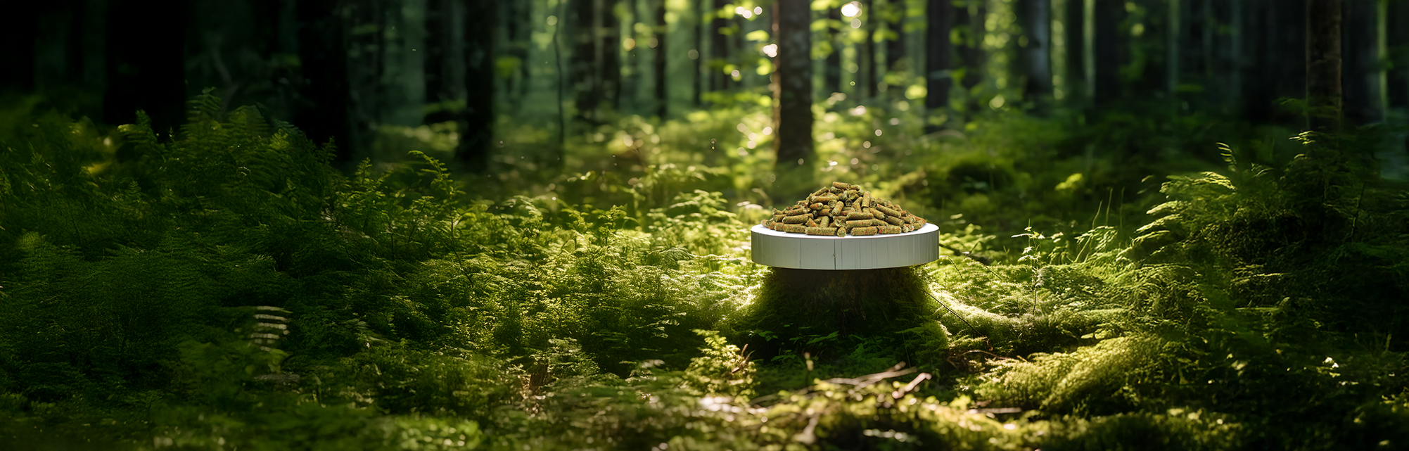 Wood pellets on a white circular platform placed on a moss-covered tree stump in a sunlit forest.