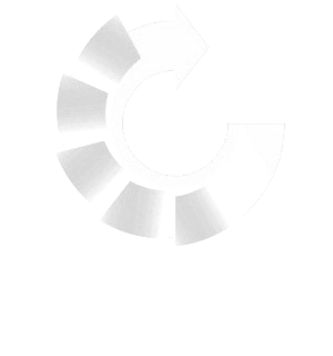 Abstract circular logo with segmented curved shapes forming a stylized letter C.